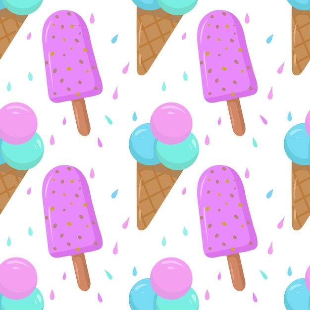 Seamless pattern with colored cartoon ice cream highlighted on a white background Vector seamless