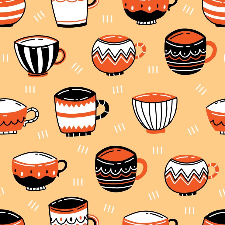 Vector seamless pattern with colored ceramic cups in a cute doodle style on an orange background