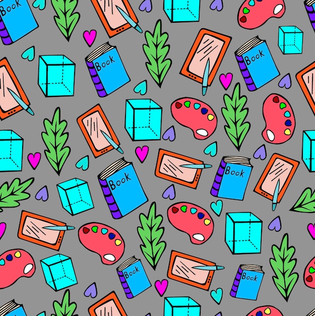 Seamless pattern with colored doodles on a gray background