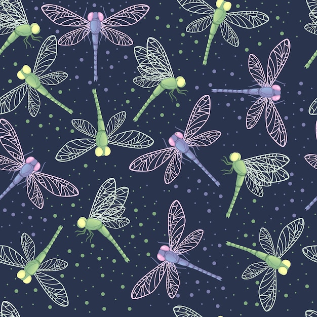 Vector seamless pattern with colored dragonflies animal insect world flat vector illustration on blue background