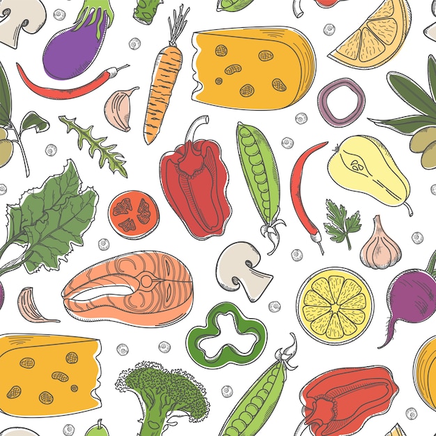 Seamless pattern with colored healthy food.