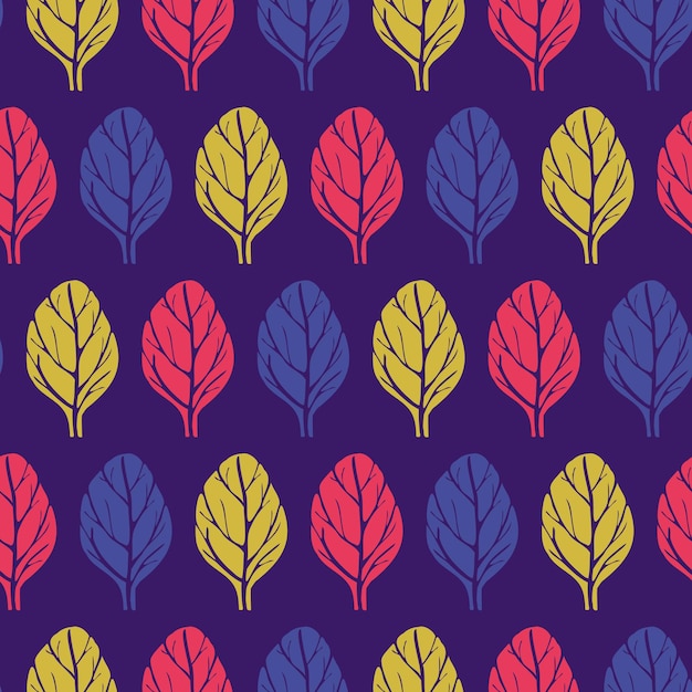 Seamless pattern with colored leaves dark blue background