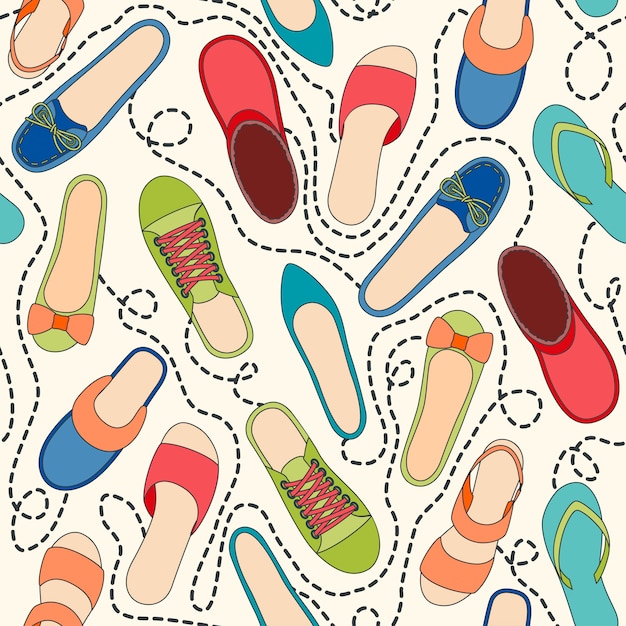 Vector seamless pattern with colored shoes and dashed lines