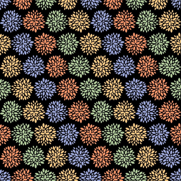 Vector seamless pattern with colorful abstract flower with black background.