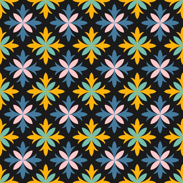 Seamless pattern with colorful abstract flowers and black background