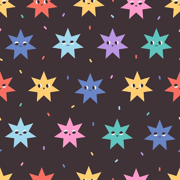 Vector seamless pattern with colorful abstract stars cute cartoon geometric shapes characters