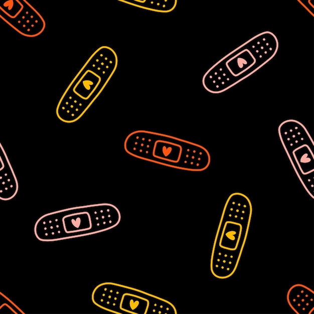 Seamless pattern with colorful band aid and black background