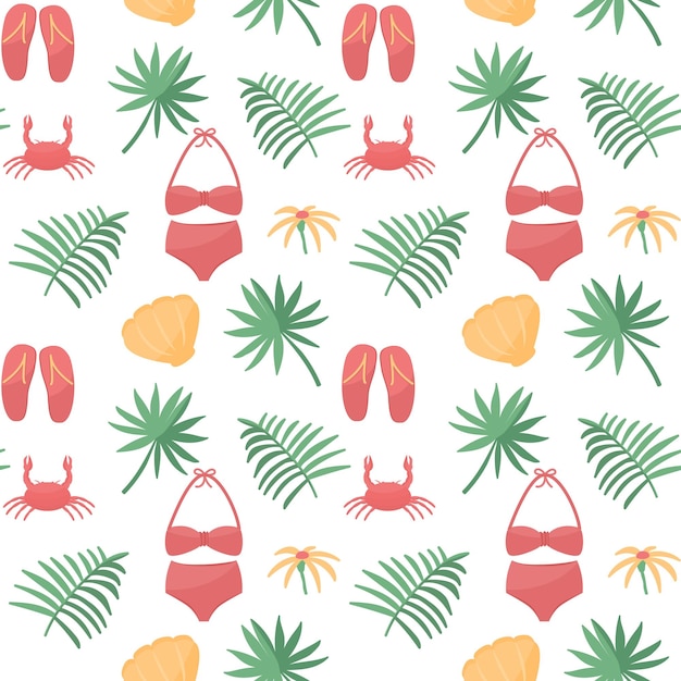 Seamless pattern with colorful beach elements swimsuit tropical leaves crab sea shells