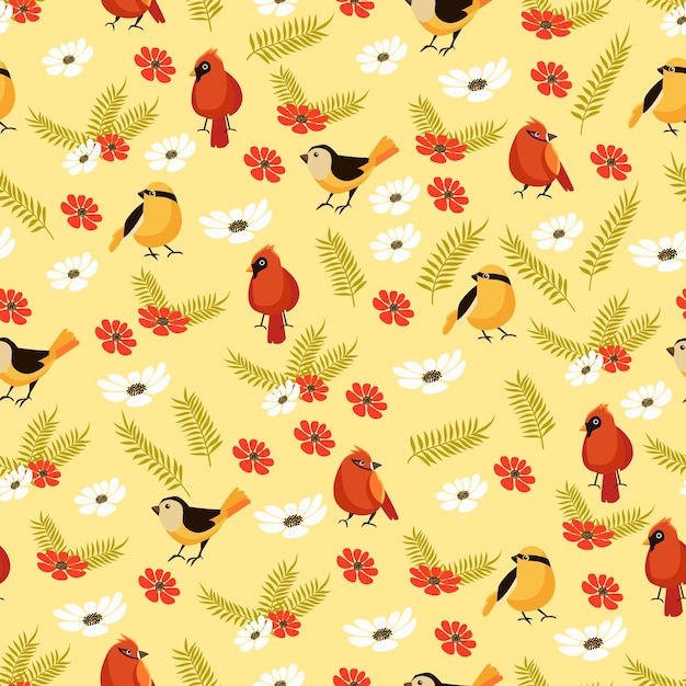 Vector seamless pattern with colorful bird, leaf and beautiful flower