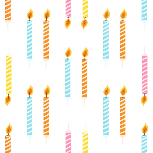 燃える炎でカラフルな誕生日の蝋燭とのシームレスなパターン ベクトル テクスチャを包装紙生地プリント子供テキスタイル カバー カード デザイン