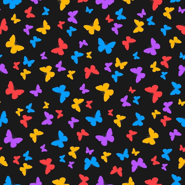 Seamless pattern with colorful butterflies and black background