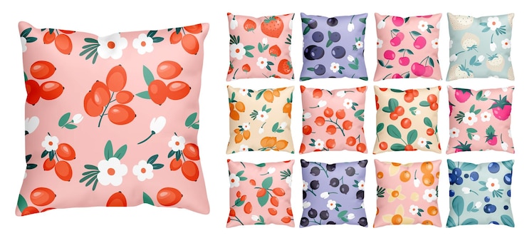 Vector seamless pattern with colorful cartoon berries and flowers