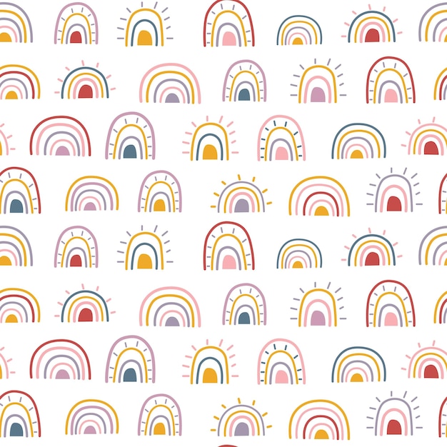 Seamless pattern with colorful cartoon rainbows