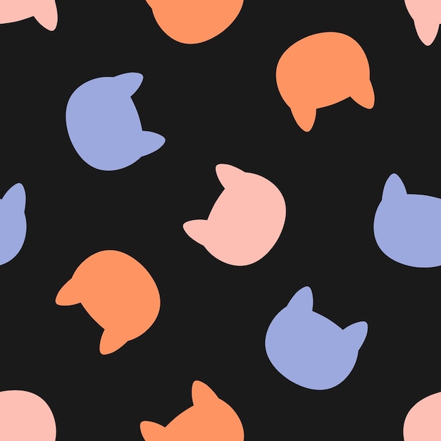 Seamless pattern with colorful cat head and black background