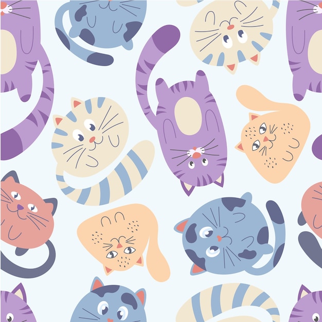 Seamless pattern with colorful cats on a white background. Perfect for kids design, fabric, packaging, wallpaper, textiles, home decor.
