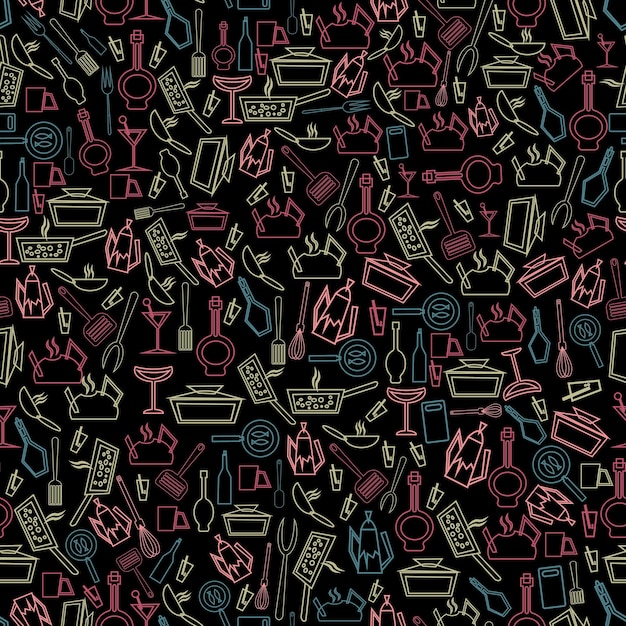 Vector seamless pattern with colorful doodles kitchen utensil in black background