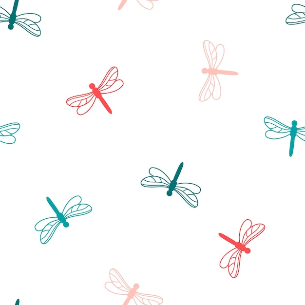 Vector seamless pattern with colorful dragonfly