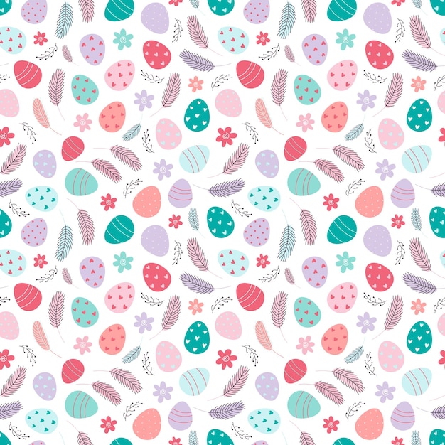 Seamless pattern with colorful easter eggs and feathers on a white background. vector illustration