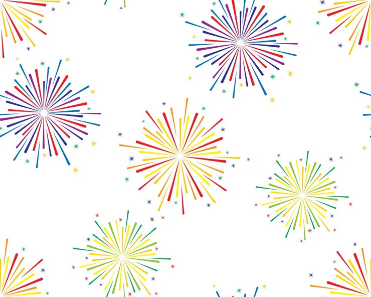 Vector a seamless pattern with colorful fireworks and stars on a white background.