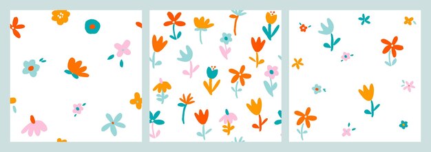 Seamless pattern with colorful flowers and leaves set of floral backgrounds