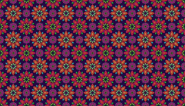 Seamless pattern with colorful flowers on a purple background
