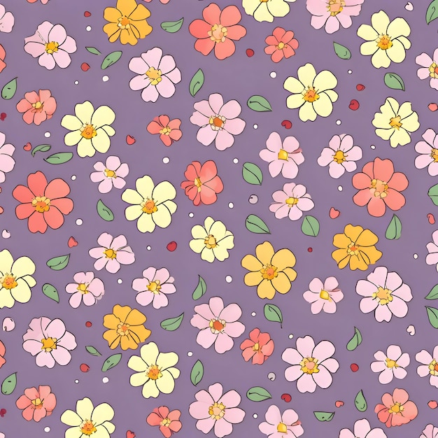 Seamless pattern with colorful flowers on violet background Vector illustration