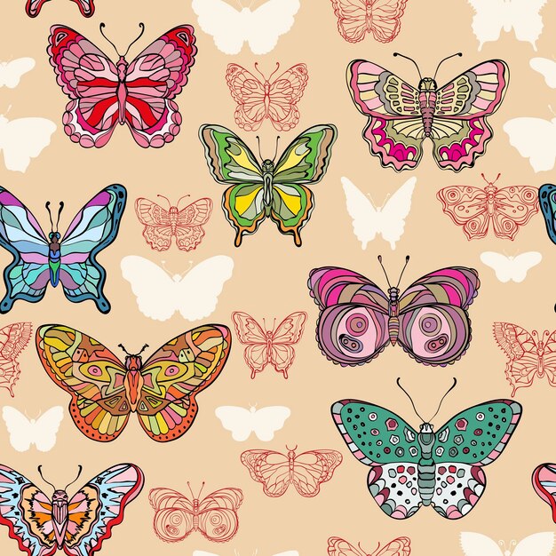 Vector seamless pattern with colorful flying butterflies