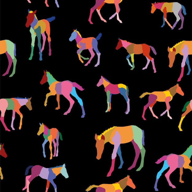 Seamless pattern with colorful foals isolated on black background. Vector illustration.