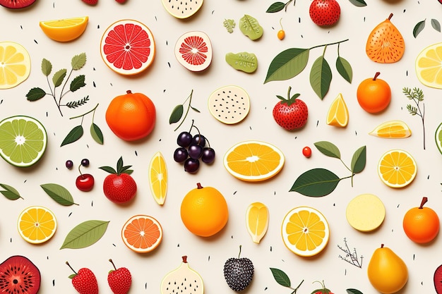 カラフルなフルーツの果実と葉のシームレスなパターン新鮮でジューシー