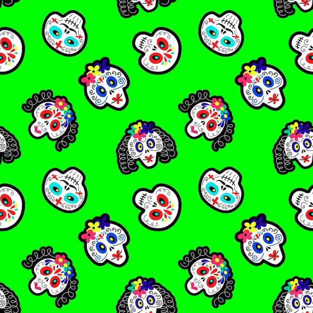 Seamless pattern with colorful funny skulls