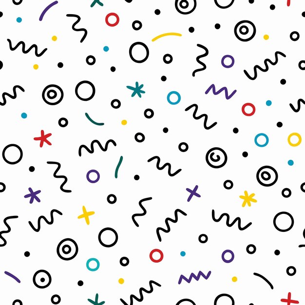 白い背景に色とりどりの幾何学的形状と線を描いたシームレスなパターン