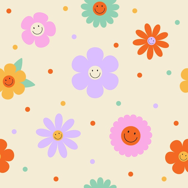 Seamless pattern with colorful groovy flowers and smiling faces 70s 80s 90s polka dot background