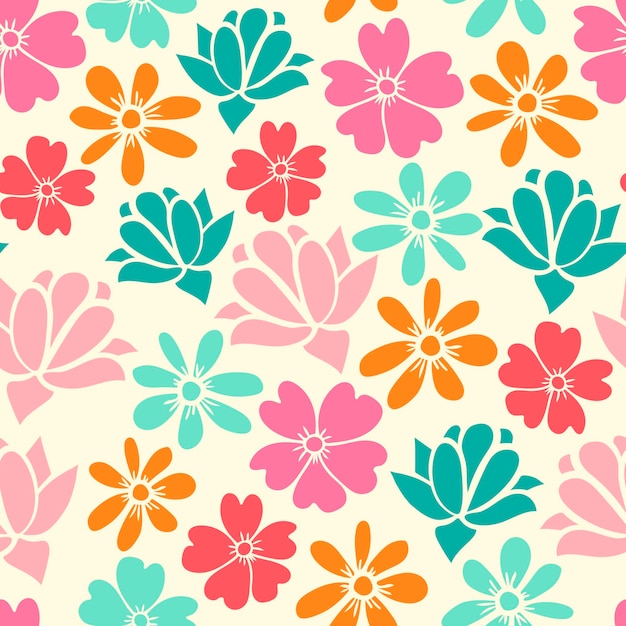 Seamless pattern with colorful hand drawn flowers, succulent. Floral ornament background.