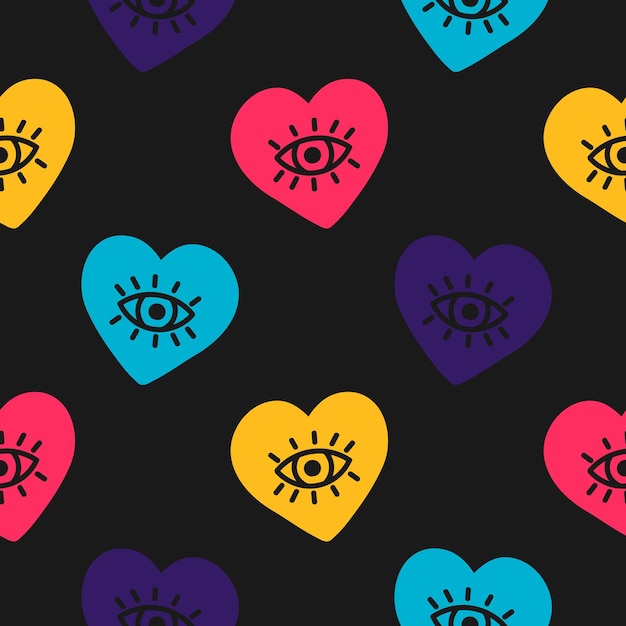Vector seamless pattern with colorful hearts and eyes