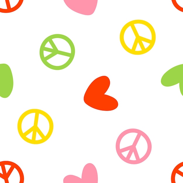 Seamless pattern with colorful hearts and peace symbols