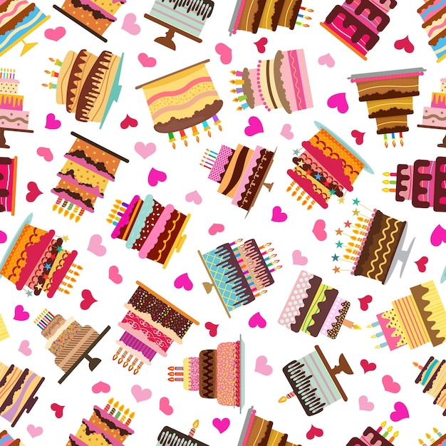 Seamless pattern with colorful hearts, sweet cakes and pies. vector illustration.