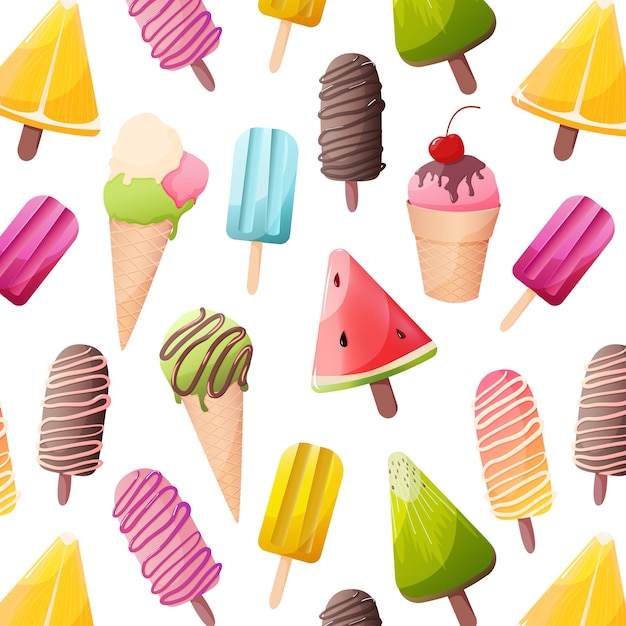 Seamless pattern with colorful ice cream and popsicles