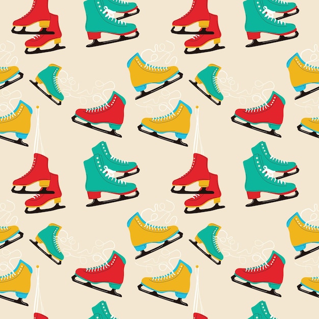 Seamless pattern with Colorful ice skates for figure skating in winter. Modern vintage.