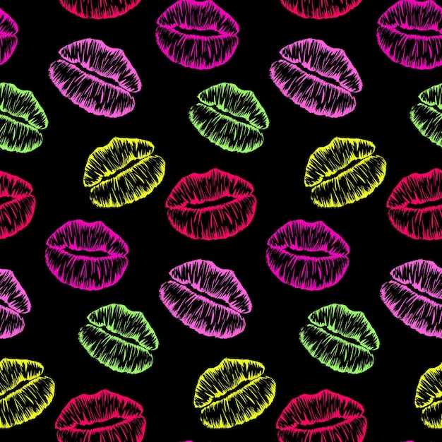 Seamless pattern with colorful lips imprints isolated on black background.