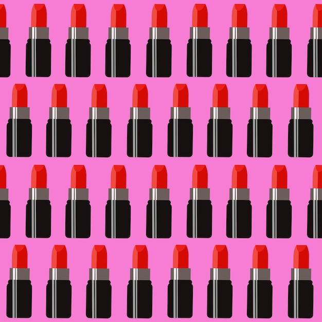 Vector seamless pattern with colorful lipstick on dark purple background.