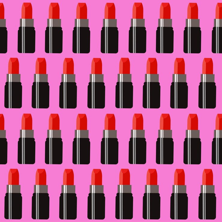 Vector seamless pattern with colorful lipstick on dark purple background.