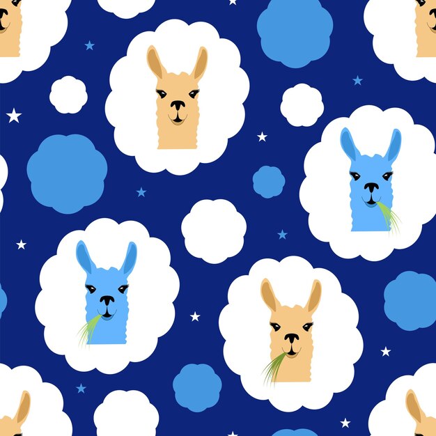 Seamless pattern with colorful llamas on blue background in flat design