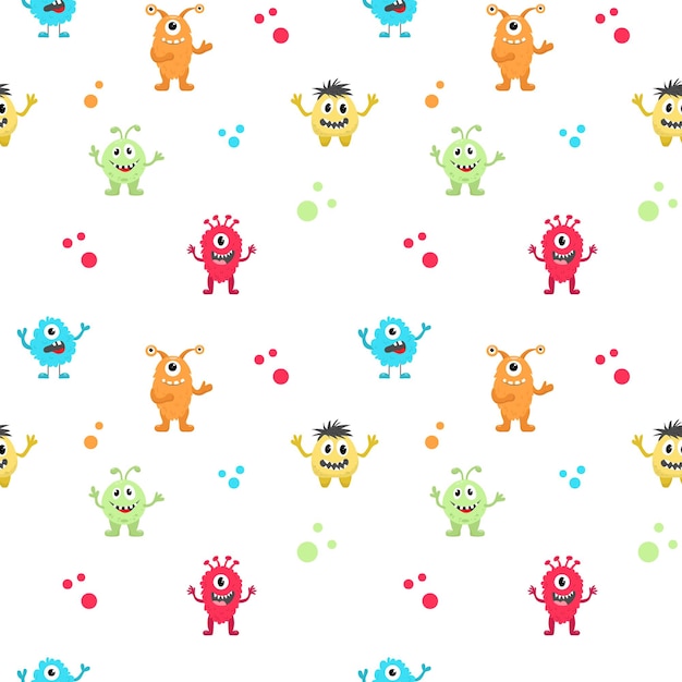 Vector seamless pattern with colorful monsters on a white background