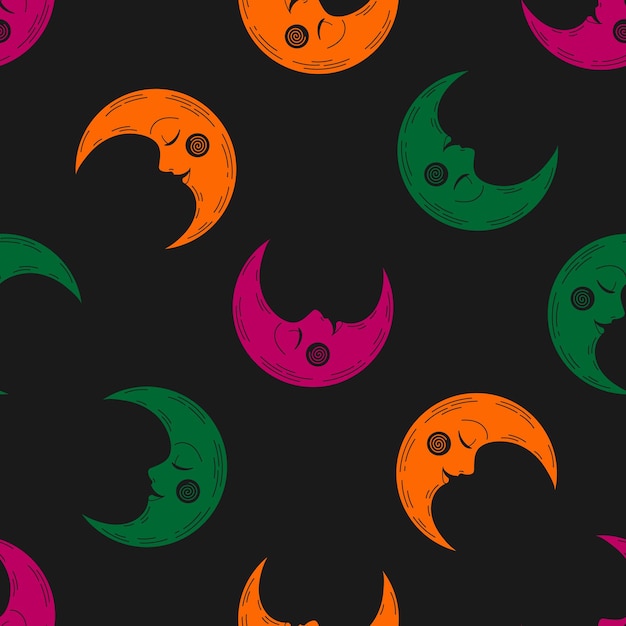 Seamless pattern with colorful moon and black background