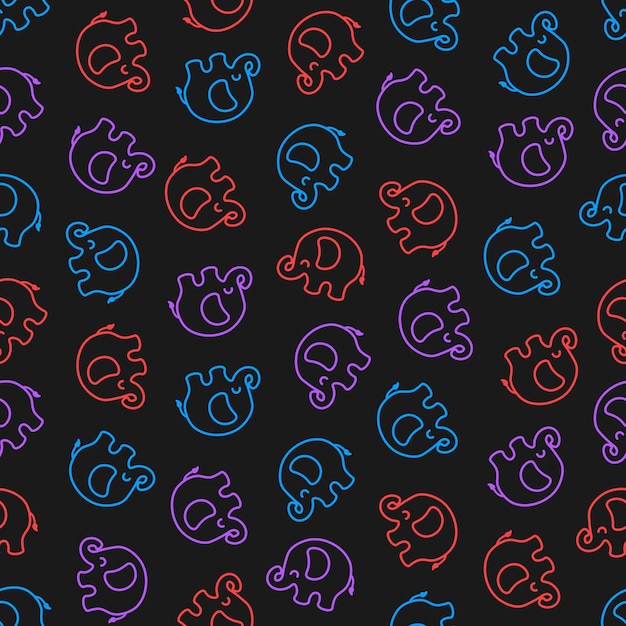 Seamless pattern with colorful outline elephant and black background