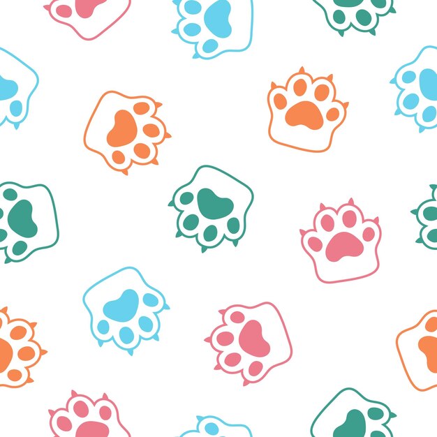 Seamless pattern with colorful outline paws