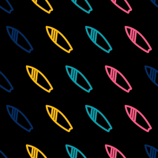 Seamless pattern with colorful outline surfboard and black background