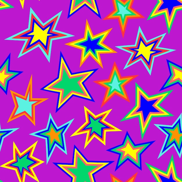 Seamless pattern with colorful retro style stars on violet background