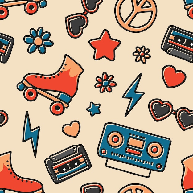 Vector seamless pattern with colorful roller skates cassette tapes heart flowers and stars