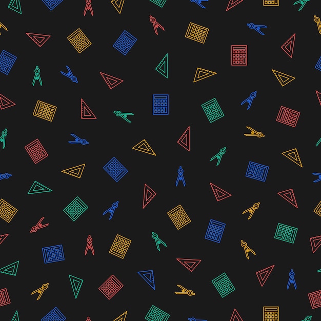 Seamless pattern with colorful school supplies and black background